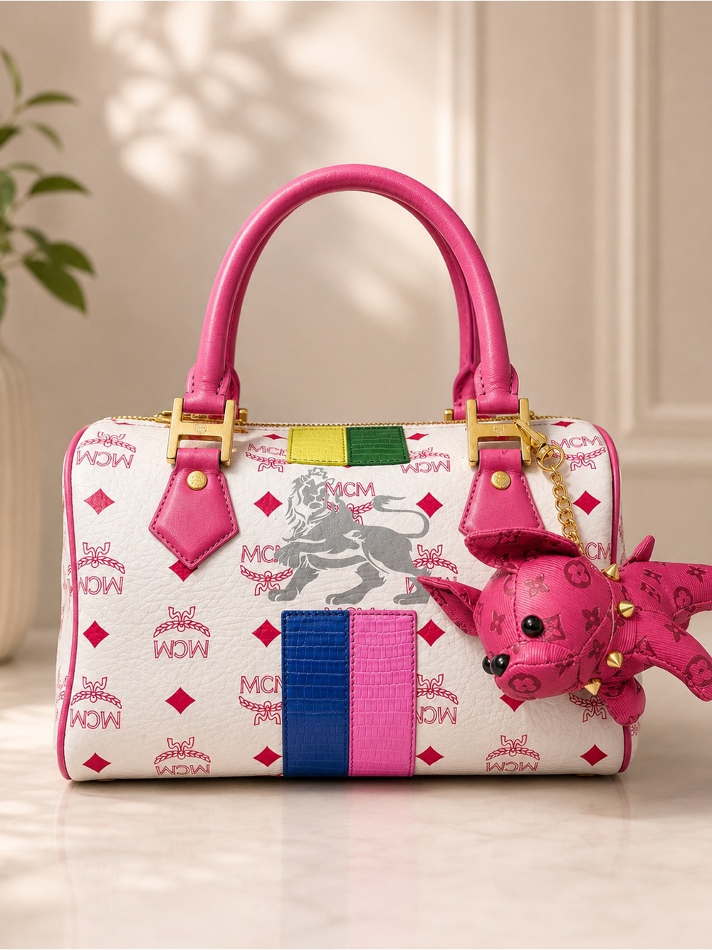 MCM White Pink Visetos Mini Boston Bag Candy Pink Top Handle Satchel Charm